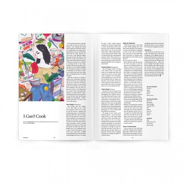 Full spread of I Can't Cook Illustration in Darling Magazine. Illustration is on left page. 