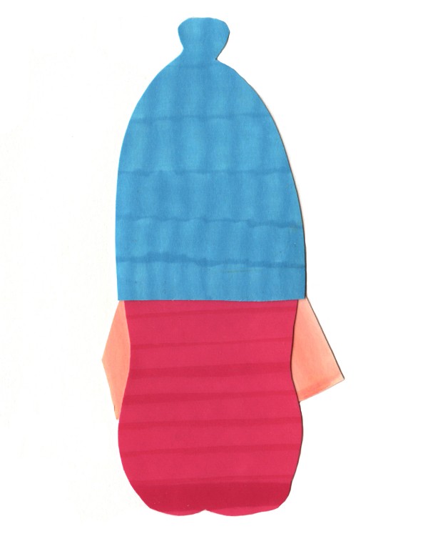 Collage with basic pink/tan/blue shapes that illustrate girl with back towards viewer. 