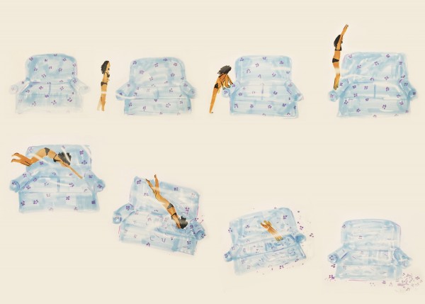 A series of images that illustrate a girl standing on the side of her blue couch and diving/disapearing into it. After she dives, the floral pattern of couch is scattered on the ground. Tan background. 