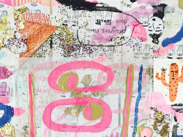 Painting detail that includes collaged images and glitter. 