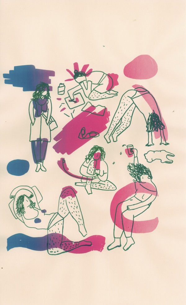 Same figure is various poses such as dancing, lounging, on phone, babysitting etc. Colorful marks in pink and blue surrounding figures. 