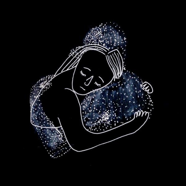 Starry figures hugging. 