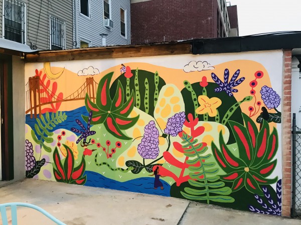 Mural depicting plants, river, Brooklyn bridge and figures throughout. 