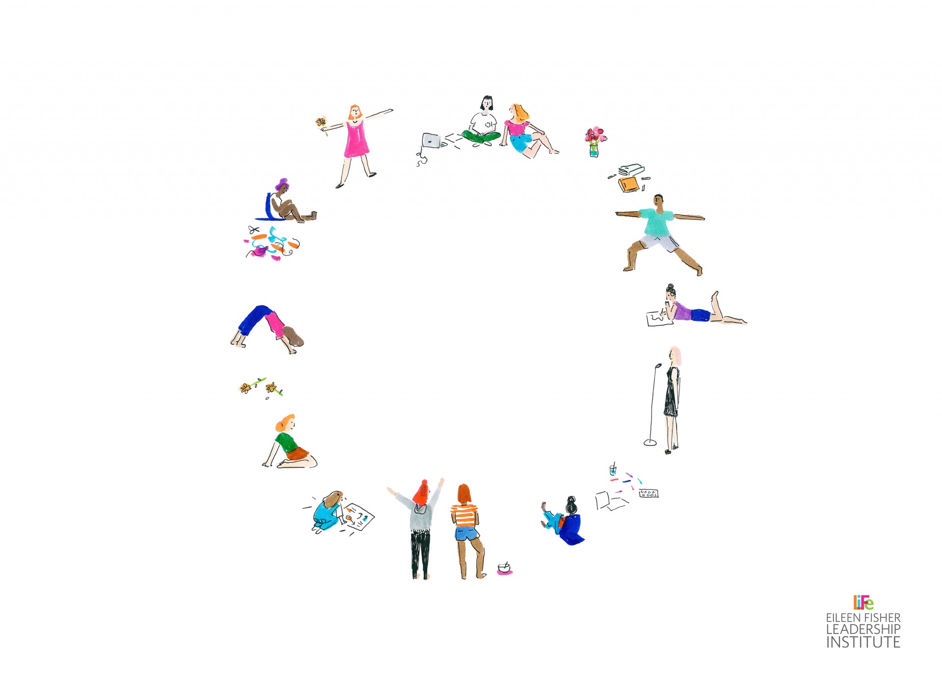 A circle of colorful figures in various positions such as on computer, sitting, making art and laying down. 