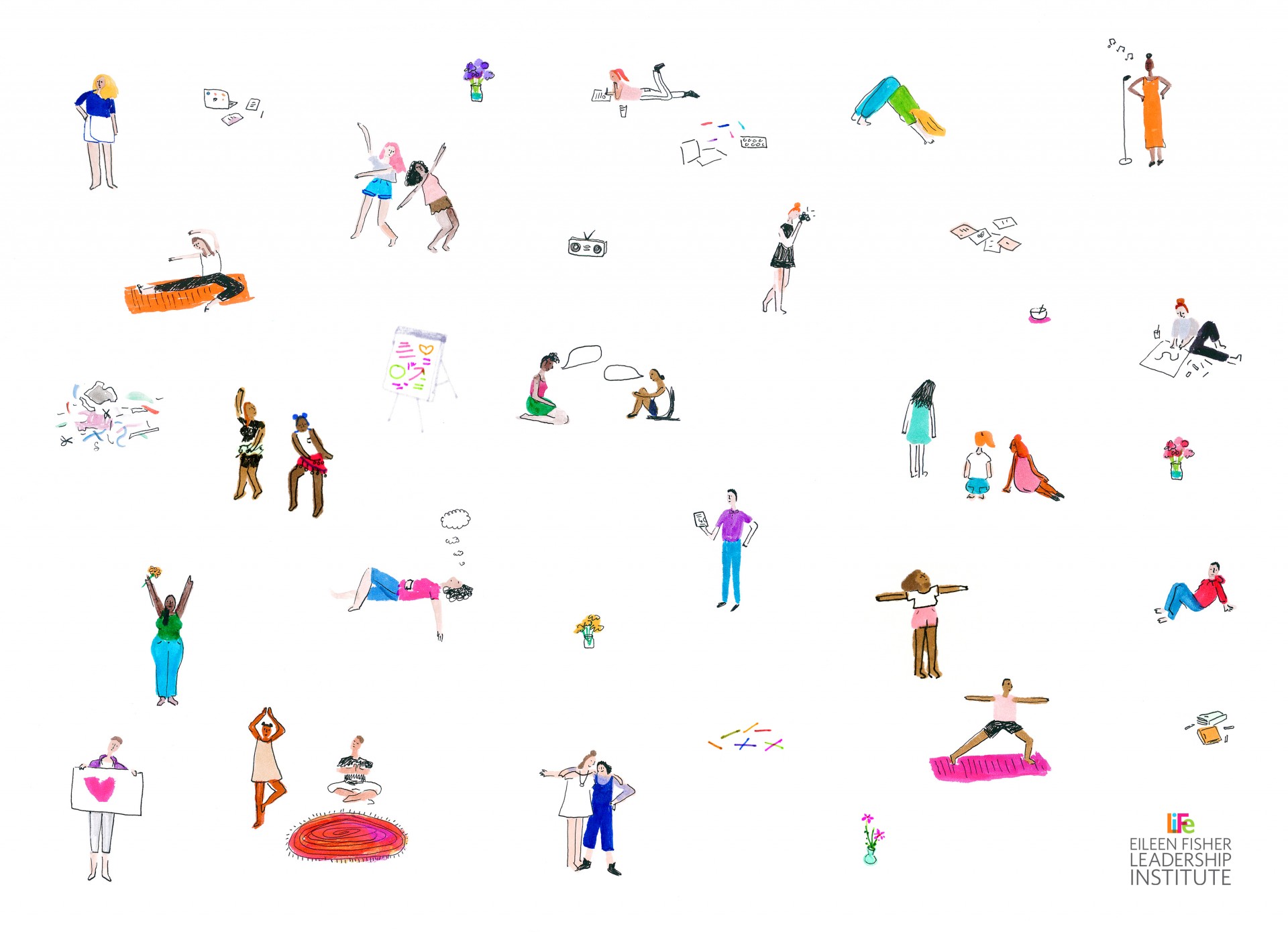 A scattered design of colorful figures in various positions against white background. Positions include yoga poses, dancing, singing and standing. 