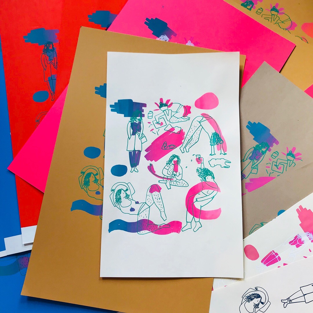 A pile of screen prints of same design. Design includes same figure is various poses such as dancing, lounging, on phone, babysitting etc. Colorful marks in pink and blue surrounding figures. 