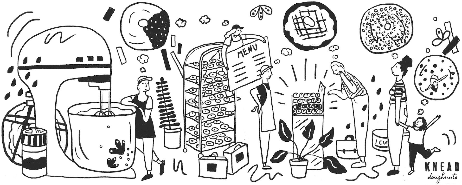 Full mug design for Knead Doughnuts. Illustration includes Mug illustration includes oversized kitchen items, donuts, bakers and Knead customers. 
