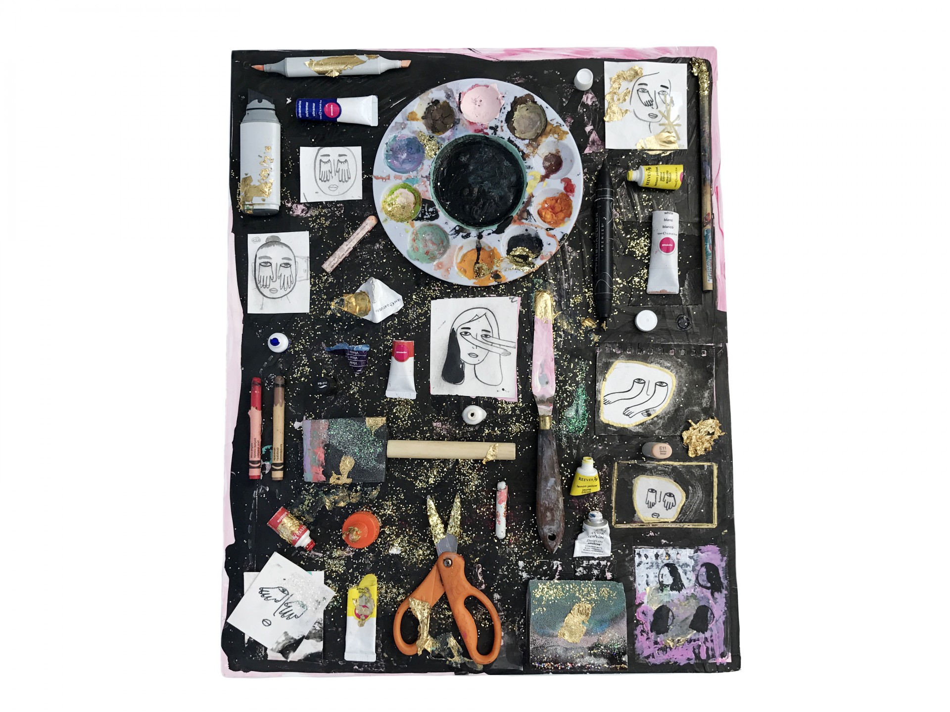 Rectangular painting with an assortment of art materials glued on top such as palette, paintbrush, scissors, empty paint tubes etc.. Black background with glitter surfaces. 