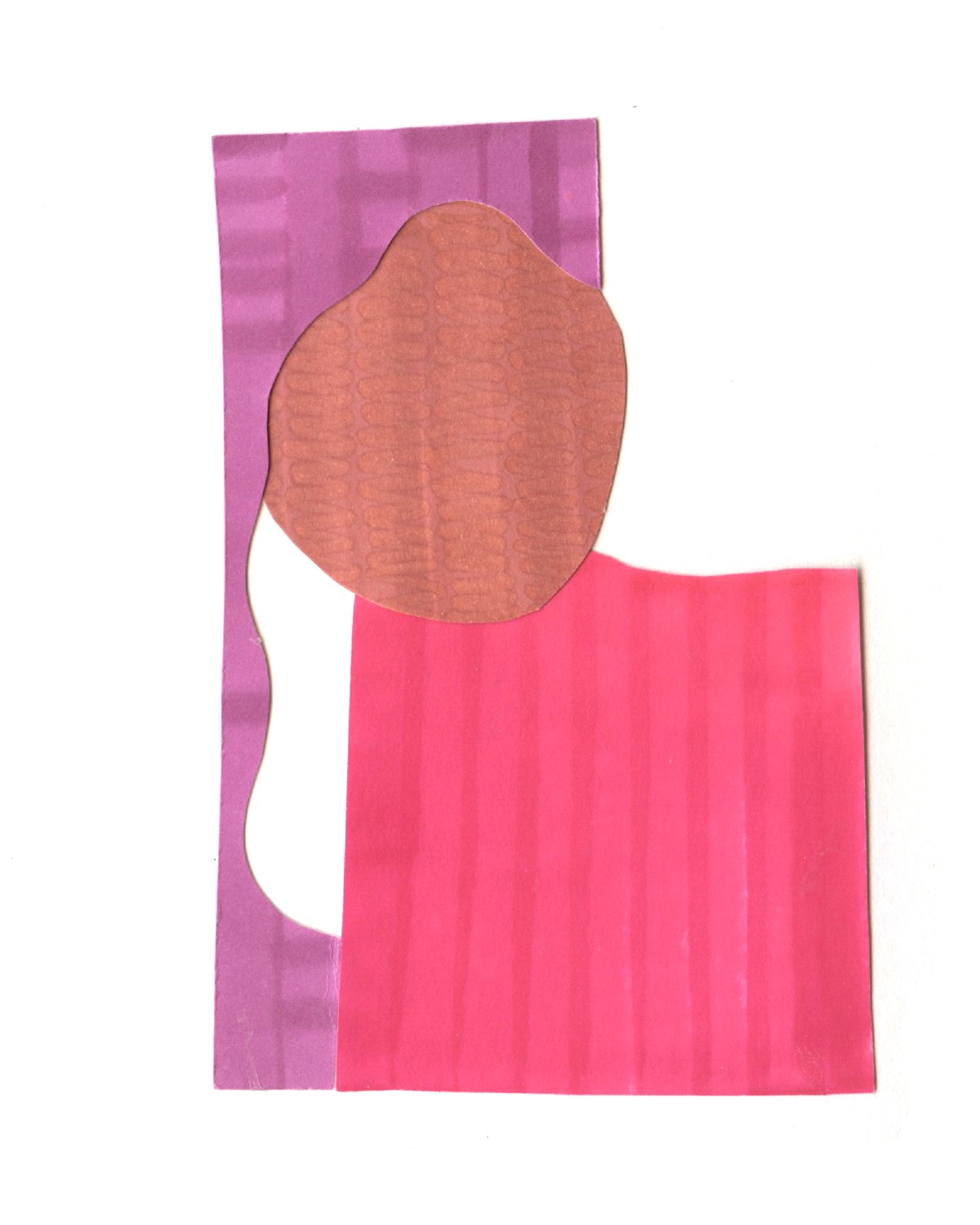 Collage with basic shapes that are purple/brown/pink shapes that illustrate girl with wavy hair. 