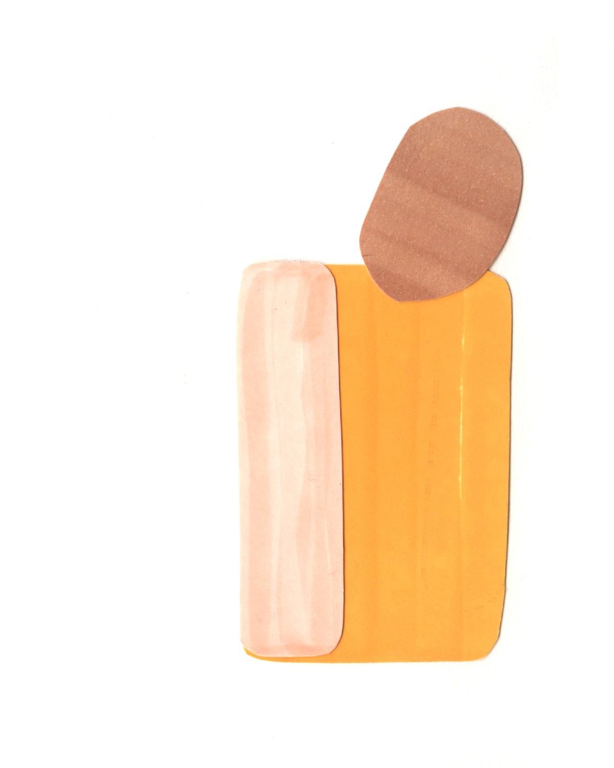 Collage with basic tan/brown/pink shapes that illustrate girl with hunched shoulder. 