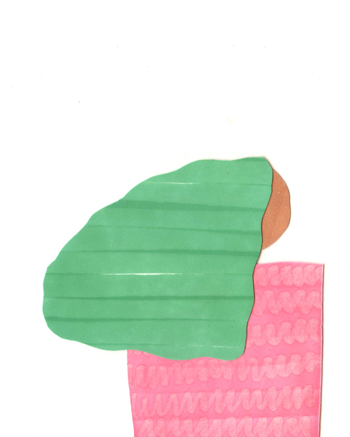 Collage with basic pink/brown/green shapes that illustrate girl with back towards viewer.  