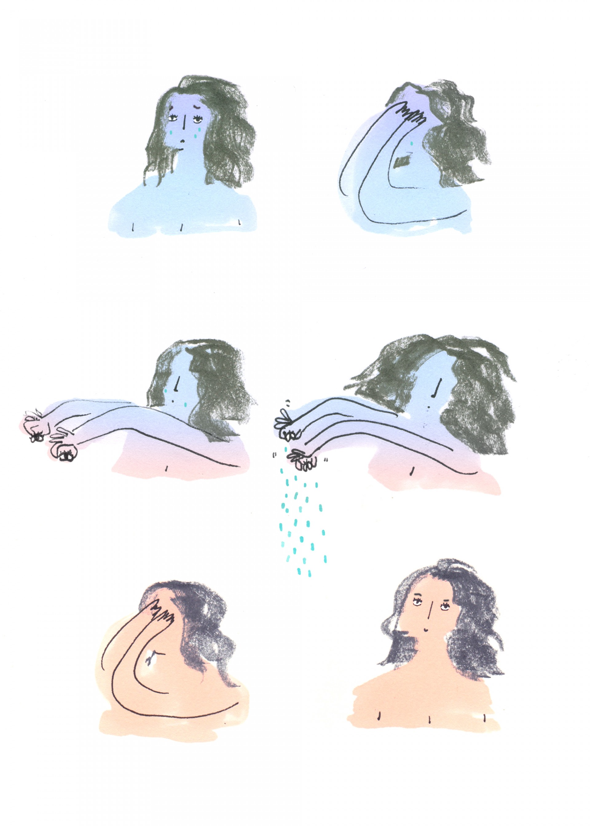 Illustration that depicts a girl who is sad, then plucks out her eyes, squeeze out the tears then puts her eyes back in and she appears happy. The color of her skin shifts from blue to tan.