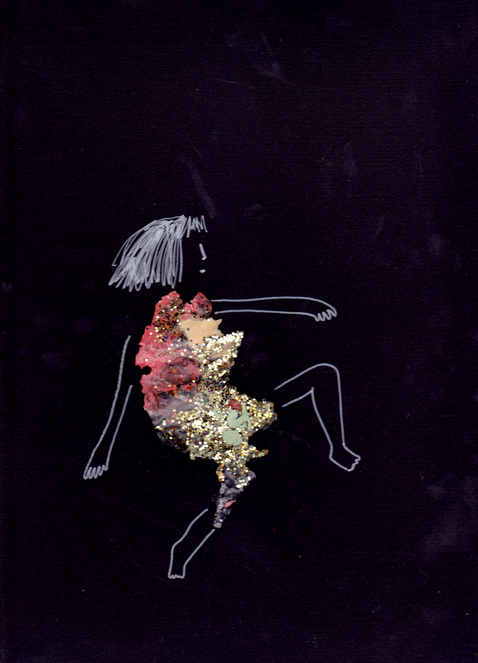 Girl in dancing position. Dress made of glitter. Legs, arms and face drawn in silver paint pen. Black background. 