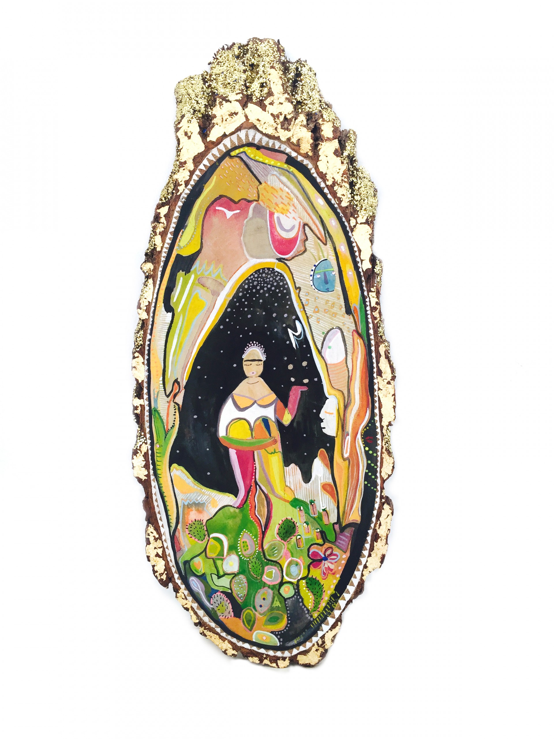 Painting of women sitting in field with one hand up. Painted on wood ellipse. 