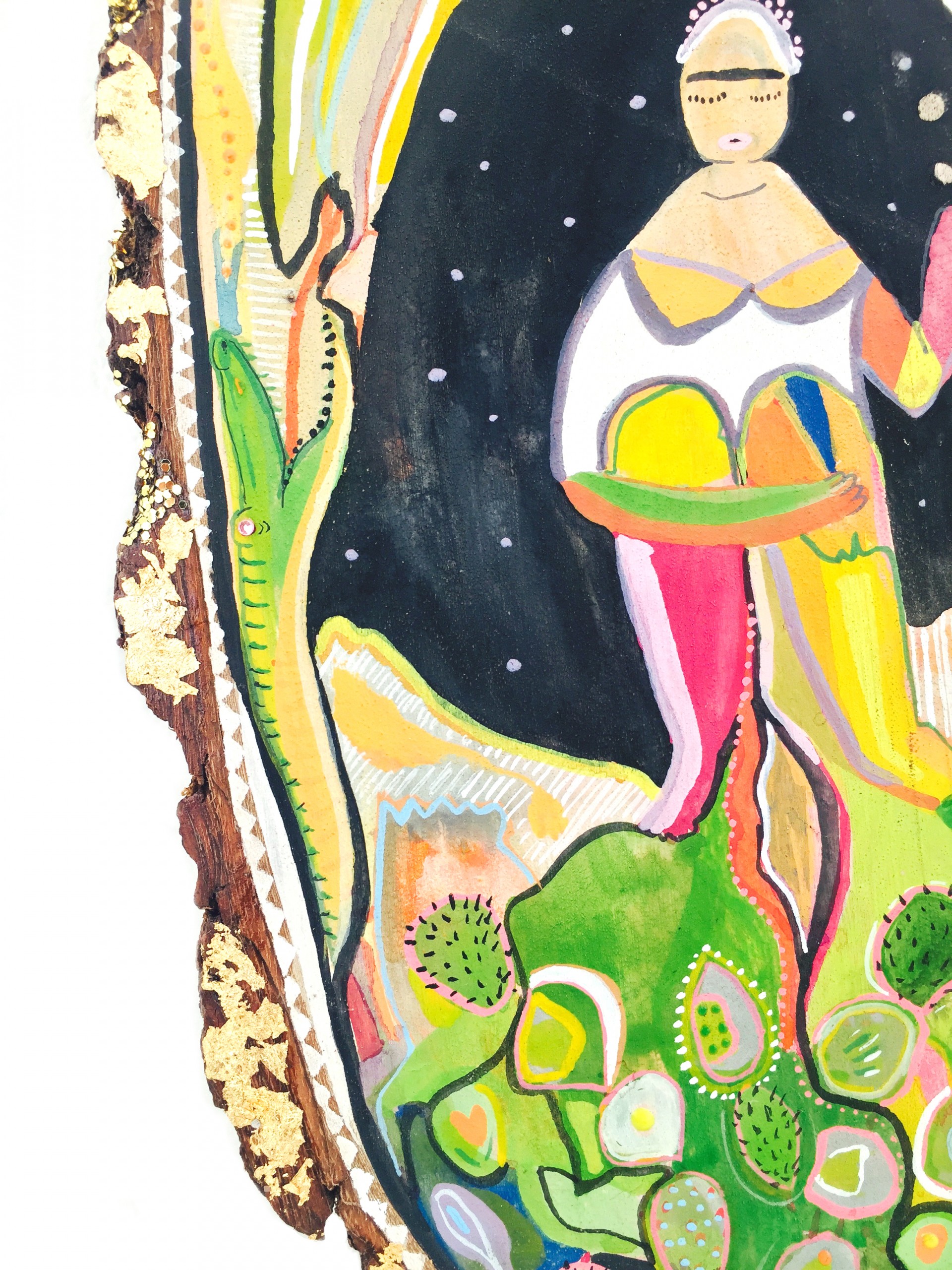 Painting of women sitting in field with one hand up. Snake figure painted to left of figure.Painted on wood ellipse. 
