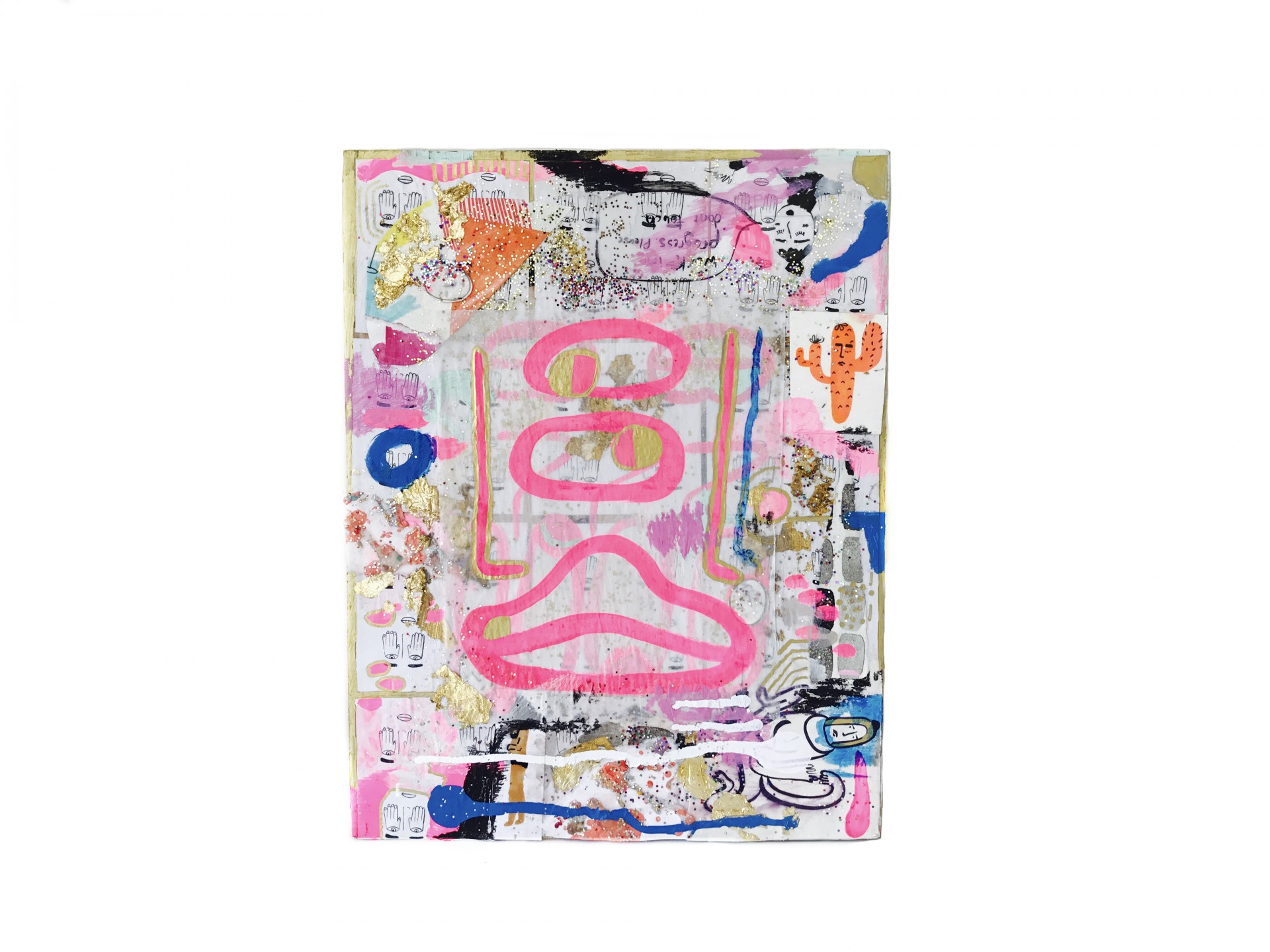 Rectangular painting with abstract designs, collaged materials and glitter. Image of face with one eye drawn in pink. 