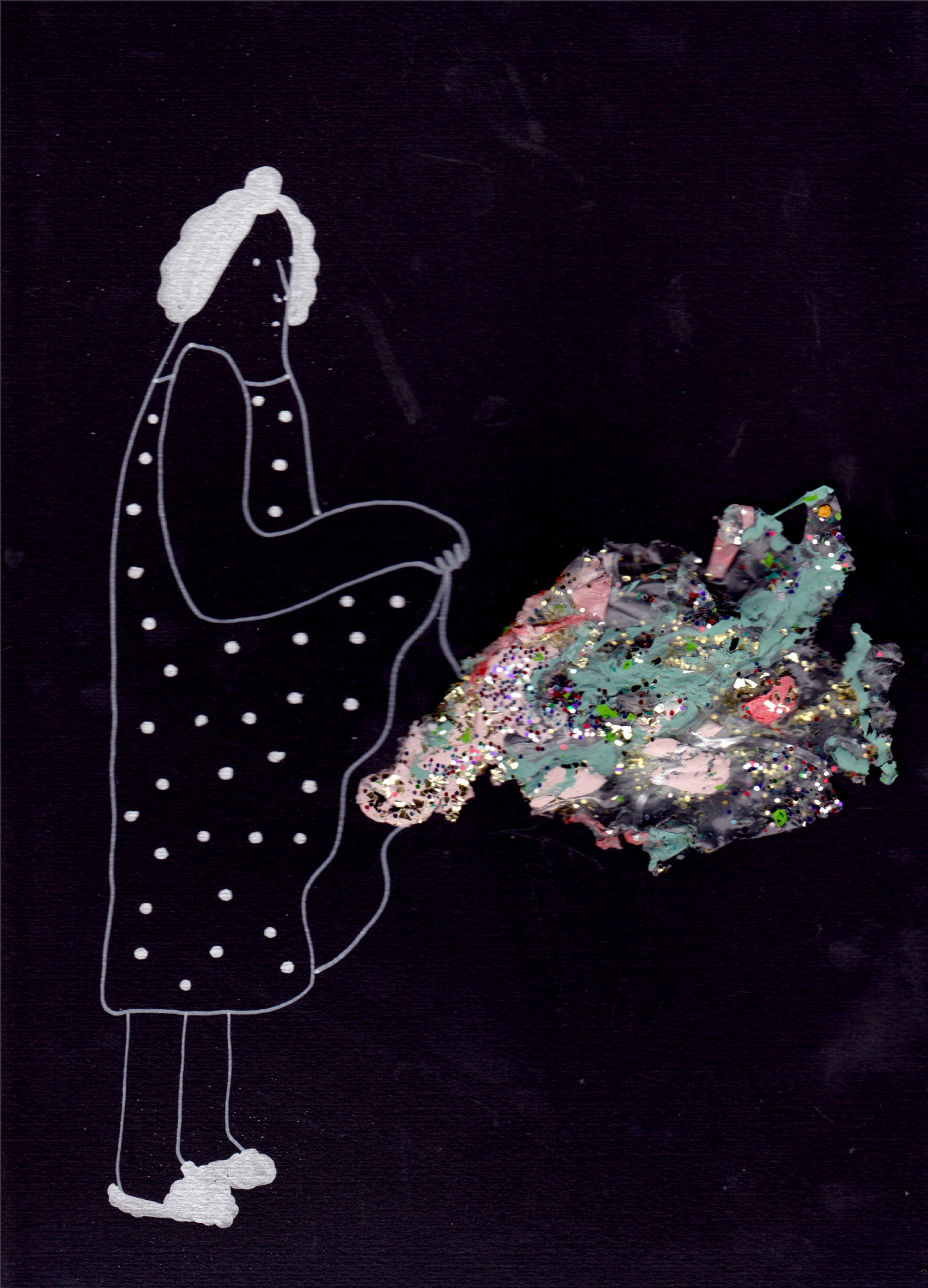 Woman wearing polka dot dress and fuzzy slippers holding up dress with glitter mass coming out from underneath. Lines drawn in silver paint pen. Black background. 
