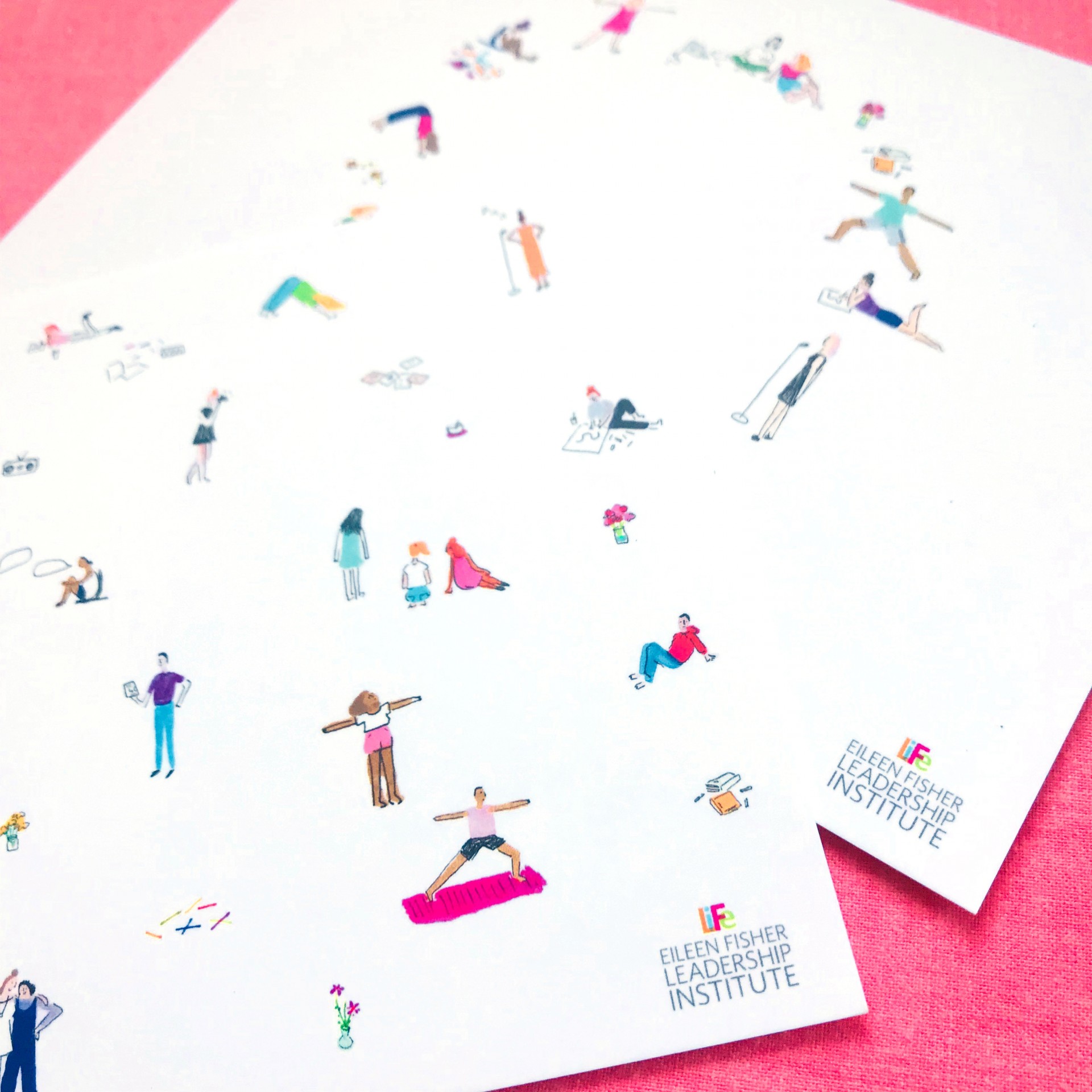 Two postcards that have tiny illustrated figures in various positions such as yoga, singing, dancing. Figures are drawn in color against white background.