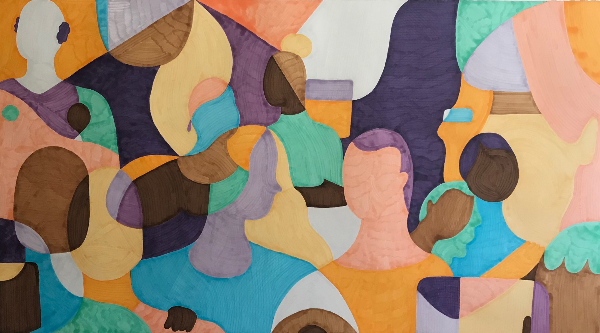 Interconnected figures drawn in warm color palette.