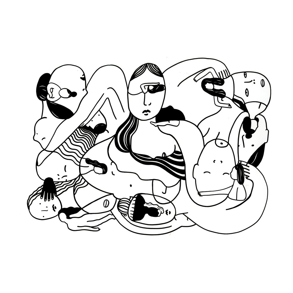 Interconnected faces and bodies drawn in black lines. Overall shape of image is rectangular. 