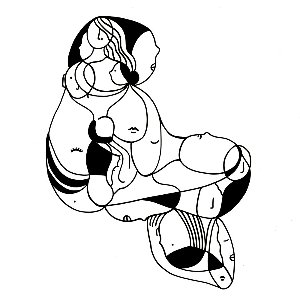 Interconnected faces and bodies drawn in black lines. Overall shape of image mimics woman sitting down. 