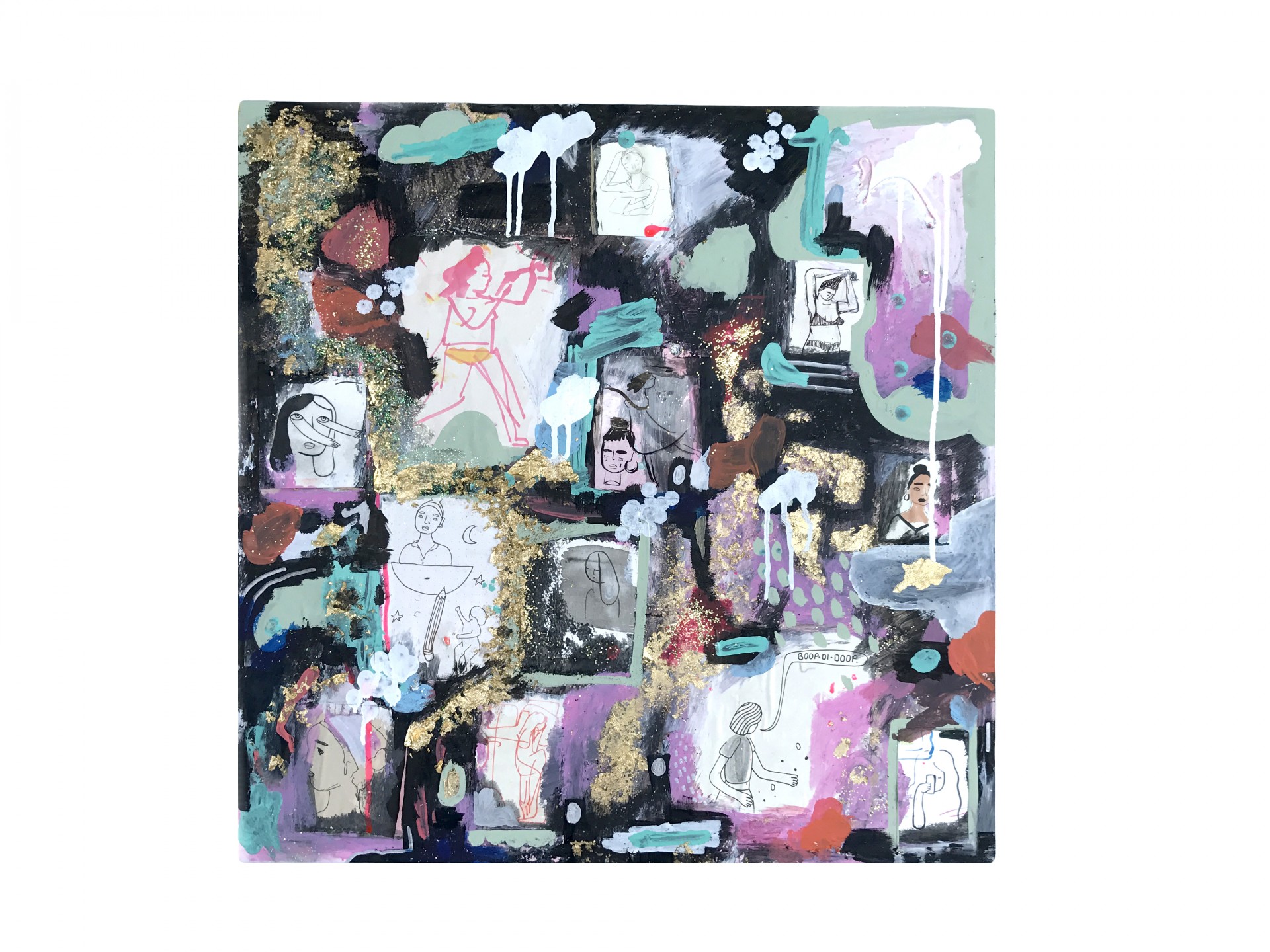 Square painting with collaged self portraits on top. Painting includes black, pink and turquoise paint. 