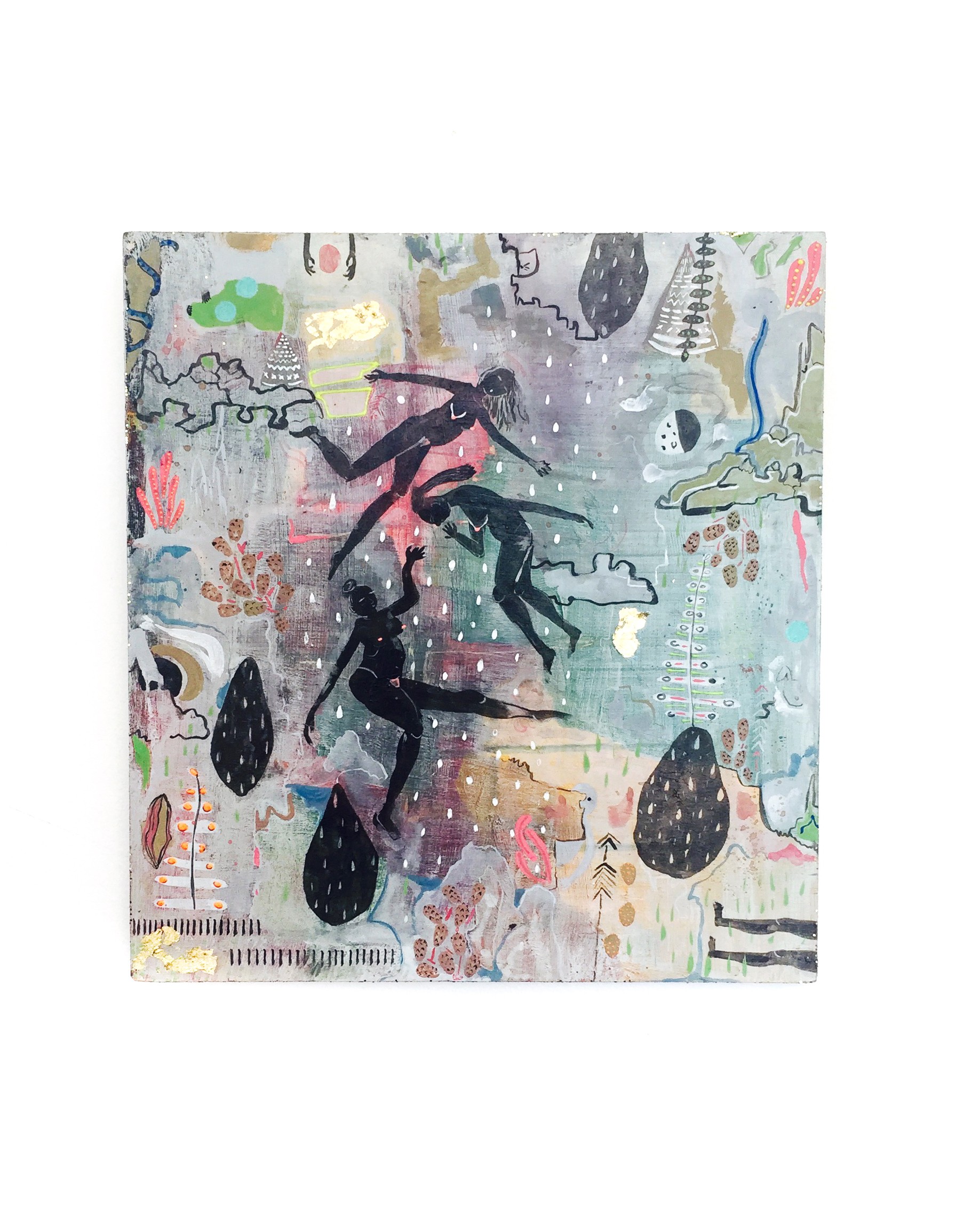 Square painting with colorful background. Three female figures painted in black falling.  