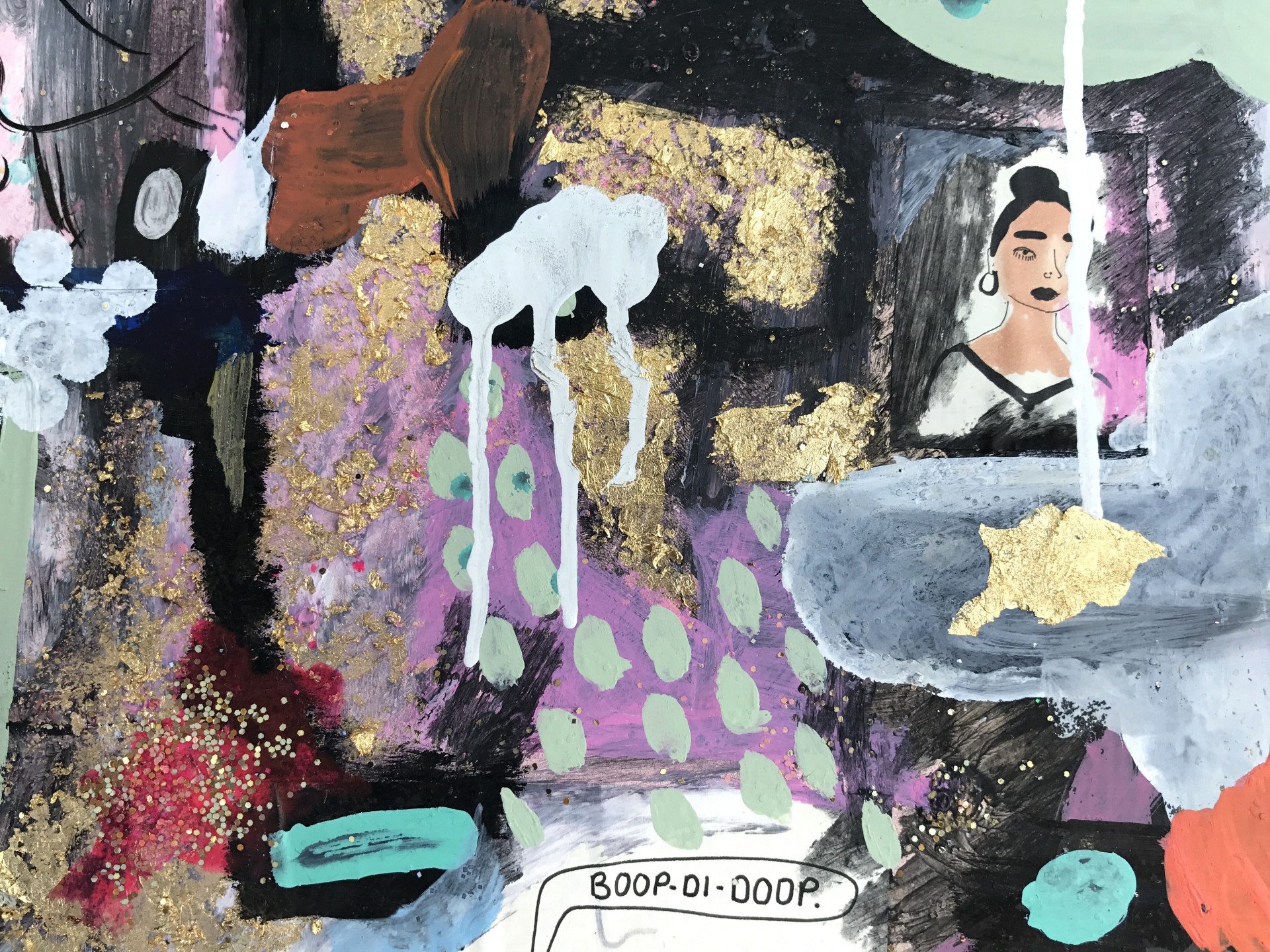 Detail of square painting with collaged self portraits on top. Painting includes black, pink, white and turquoise paint. 