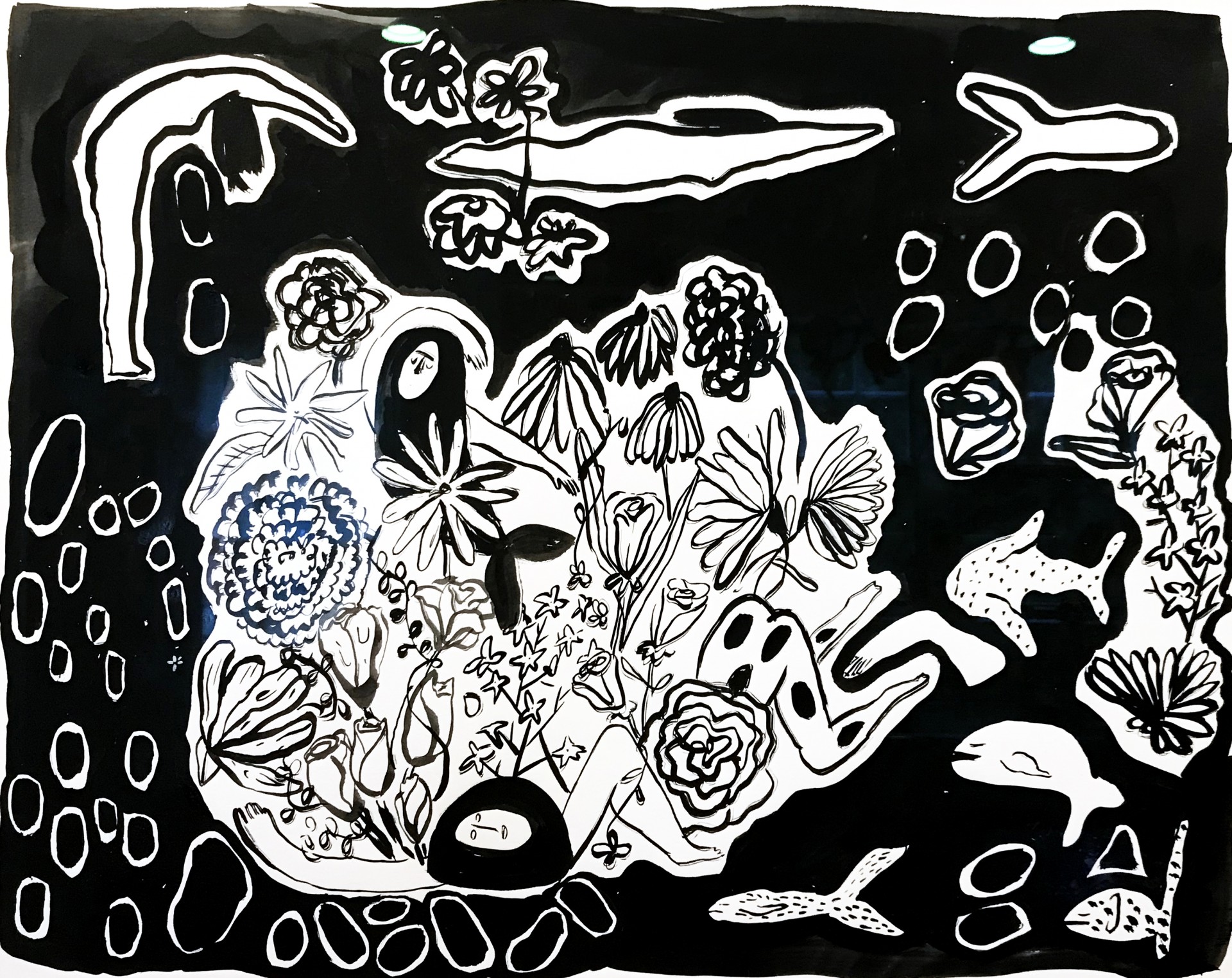 Central composition of flowers and figures. Figure transforming into fish. Elements of fish and circles on edge of painting