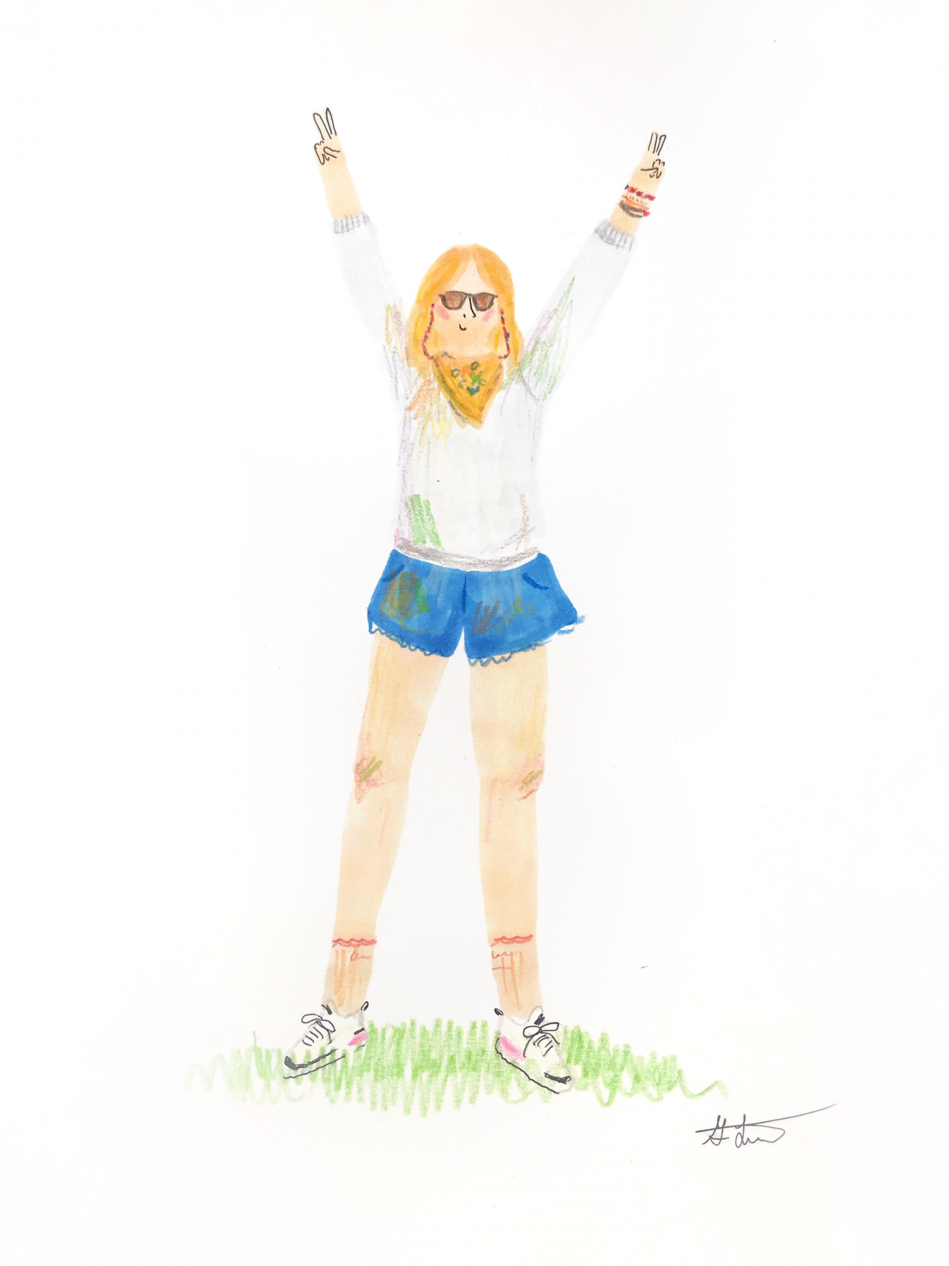 Full body drawing of girl with jean shorts, yellow bandana around neck, sunglasses. Both hands are above head in peace signs. 