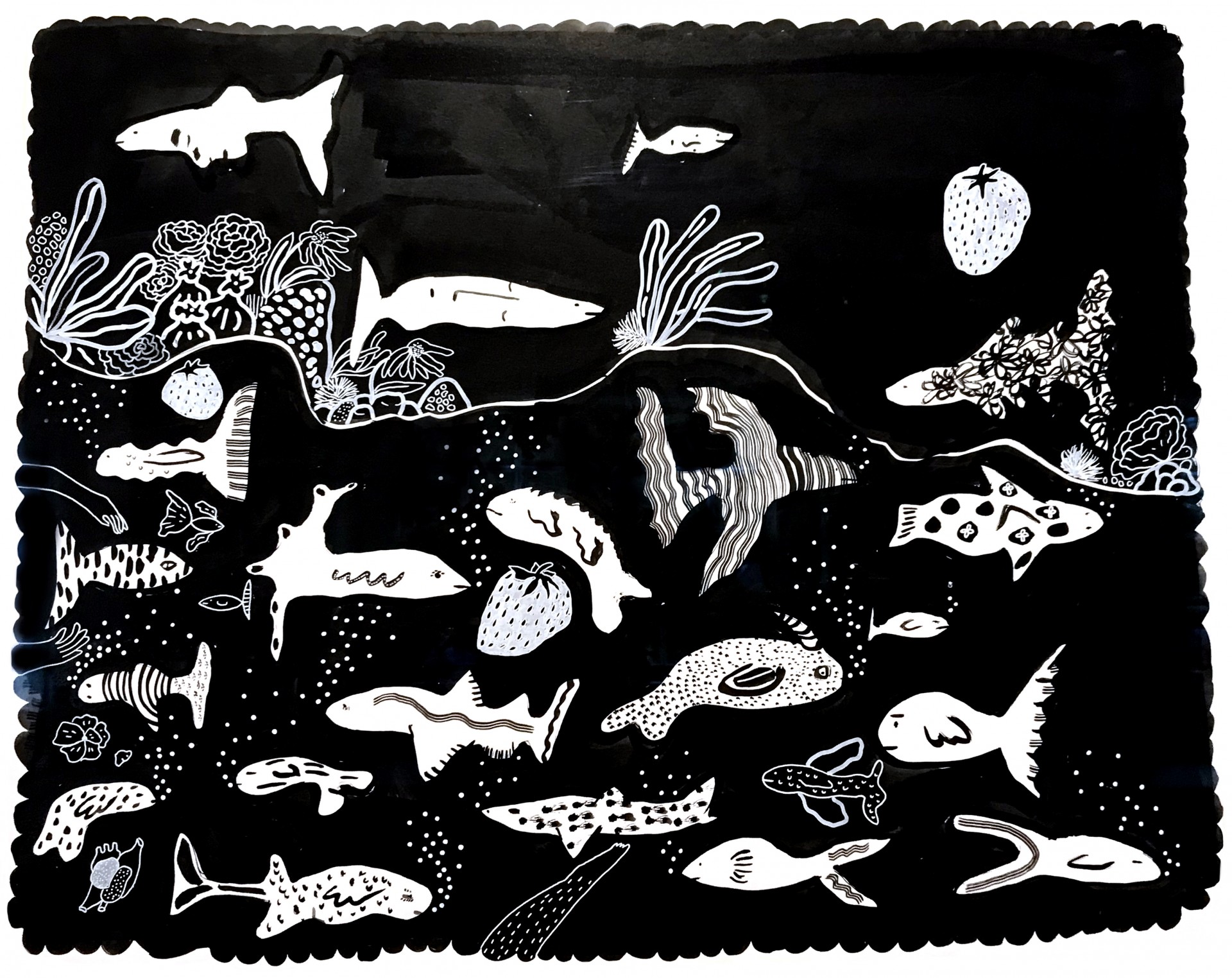 An imaginative sea scape of fish and plant life in the deep ocean.