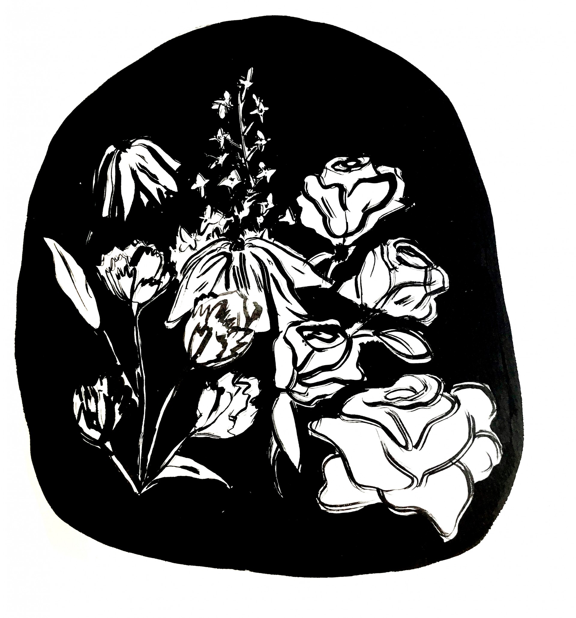 Flowers painted in black ink