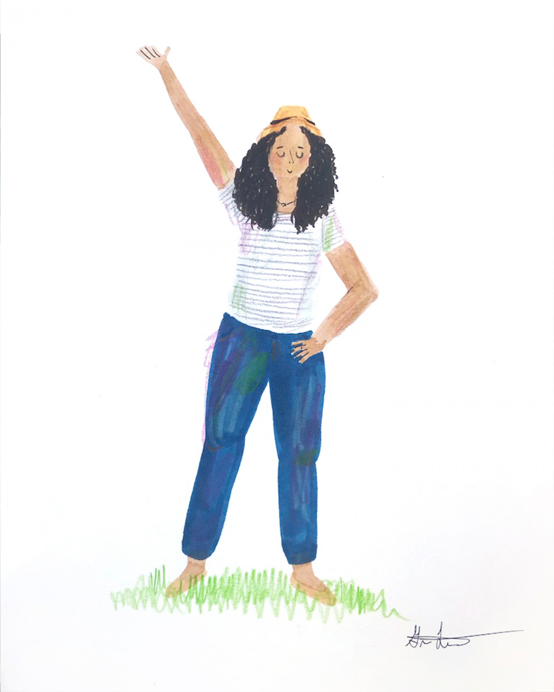 Full body drawing of girl with dark jeans, striped shirt and straw hat. One hand is above head and the other is on her waist.