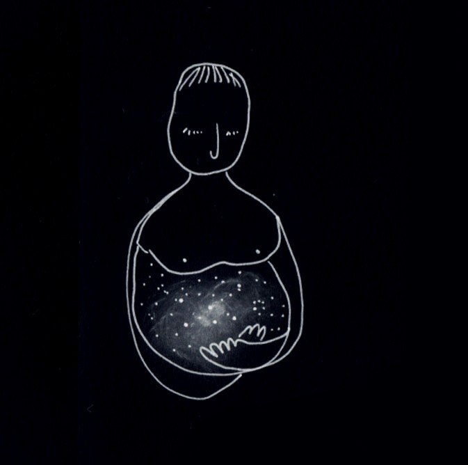 Figure with starry stomach with arms crossed underneath stomach. 