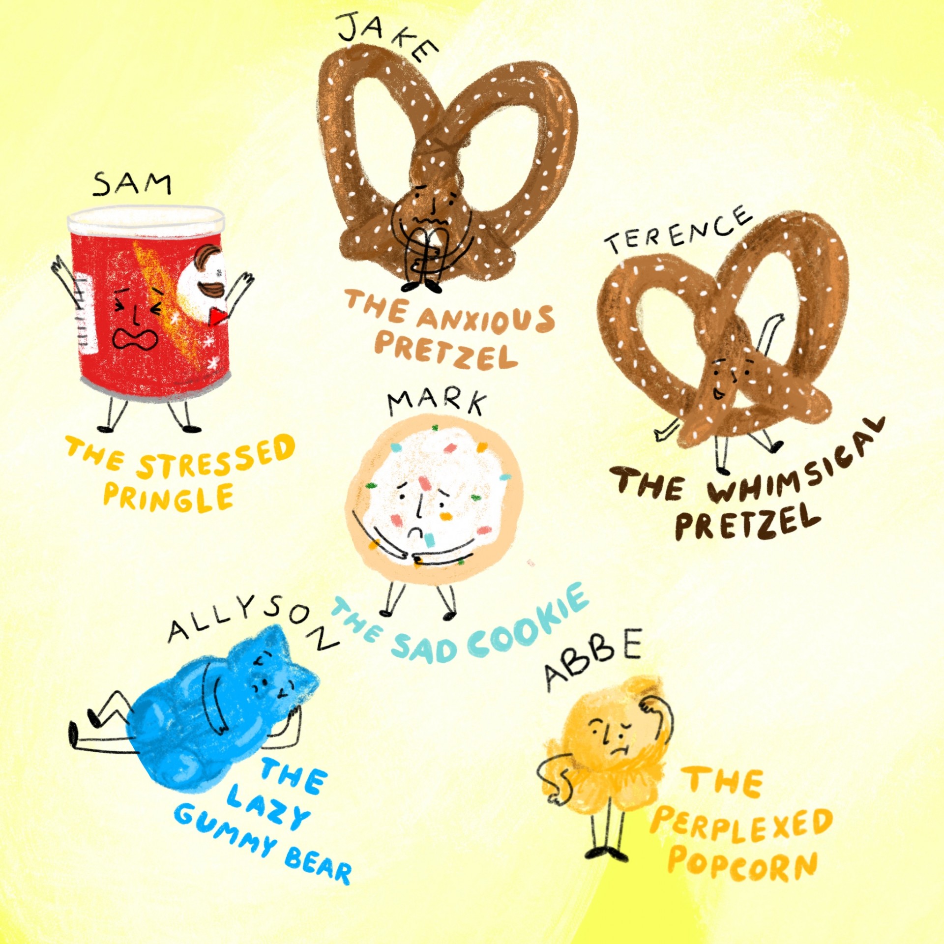 An assortment of drawings of emotional foods. Each drawing has a name and a description written underneath. Yellow background and illustrations are drawn in color