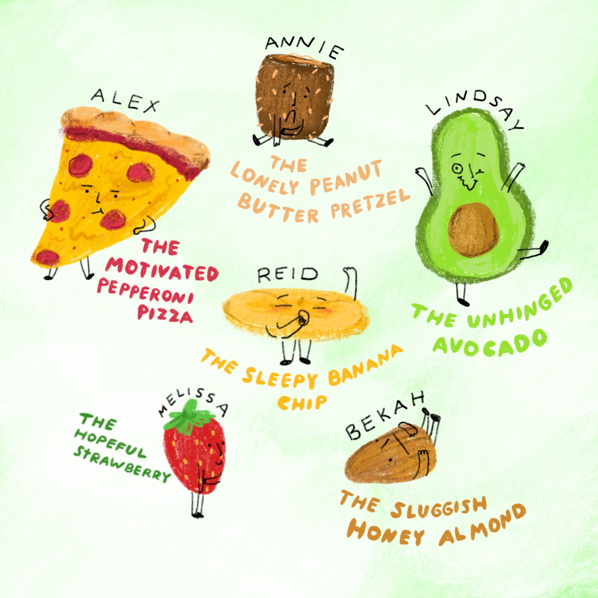 An assortment of drawings of emotional foods. Each drawing has a name and a description written underneath. Green background and illustrations are drawn in color