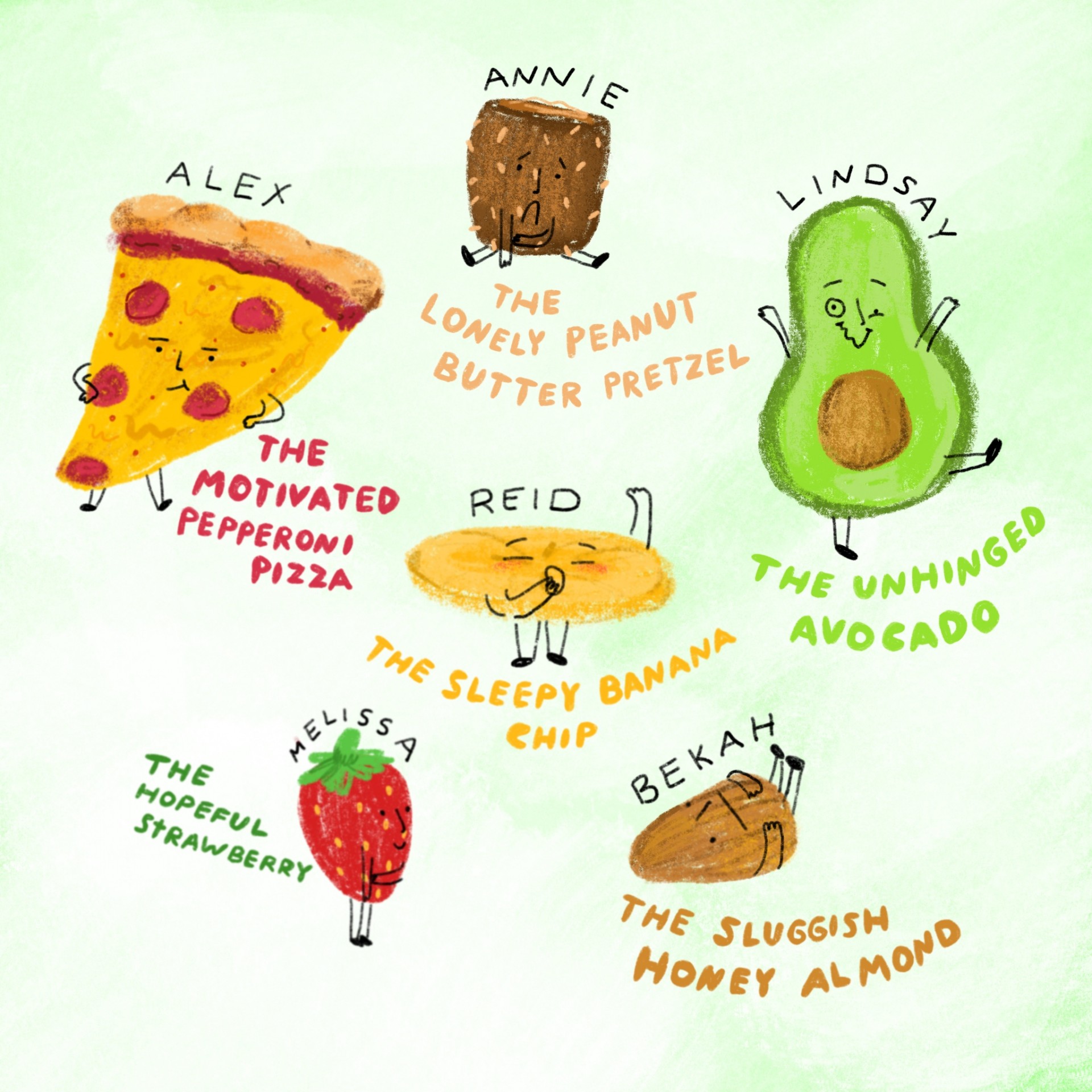 An assortment of drawings of emotional foods. Each drawing has a name and a description written underneath. Green background and illustrations are drawn in color