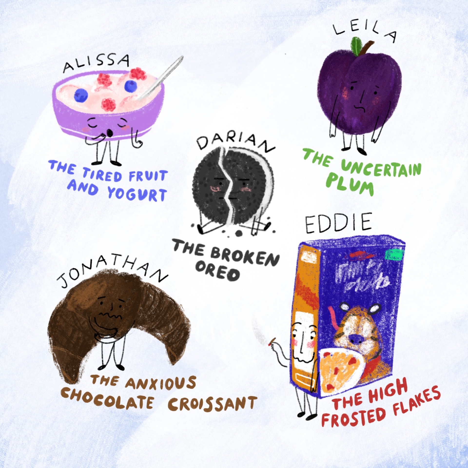 An assortment of drawings of emotional foods. Each drawing has a name and a description written underneath. Blue background and illustrations are drawn in color