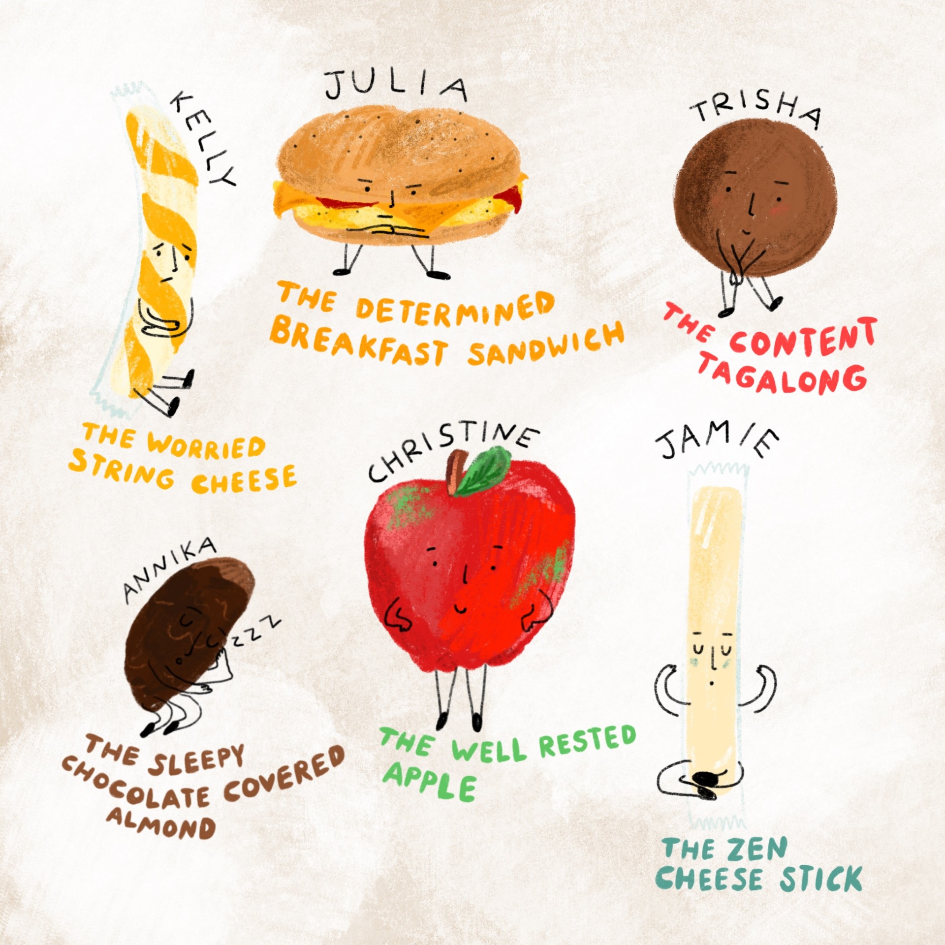 An assortment of drawings of emotional foods. Each drawing has a name and a description written underneath. Brown background and illustrations are drawn in color
