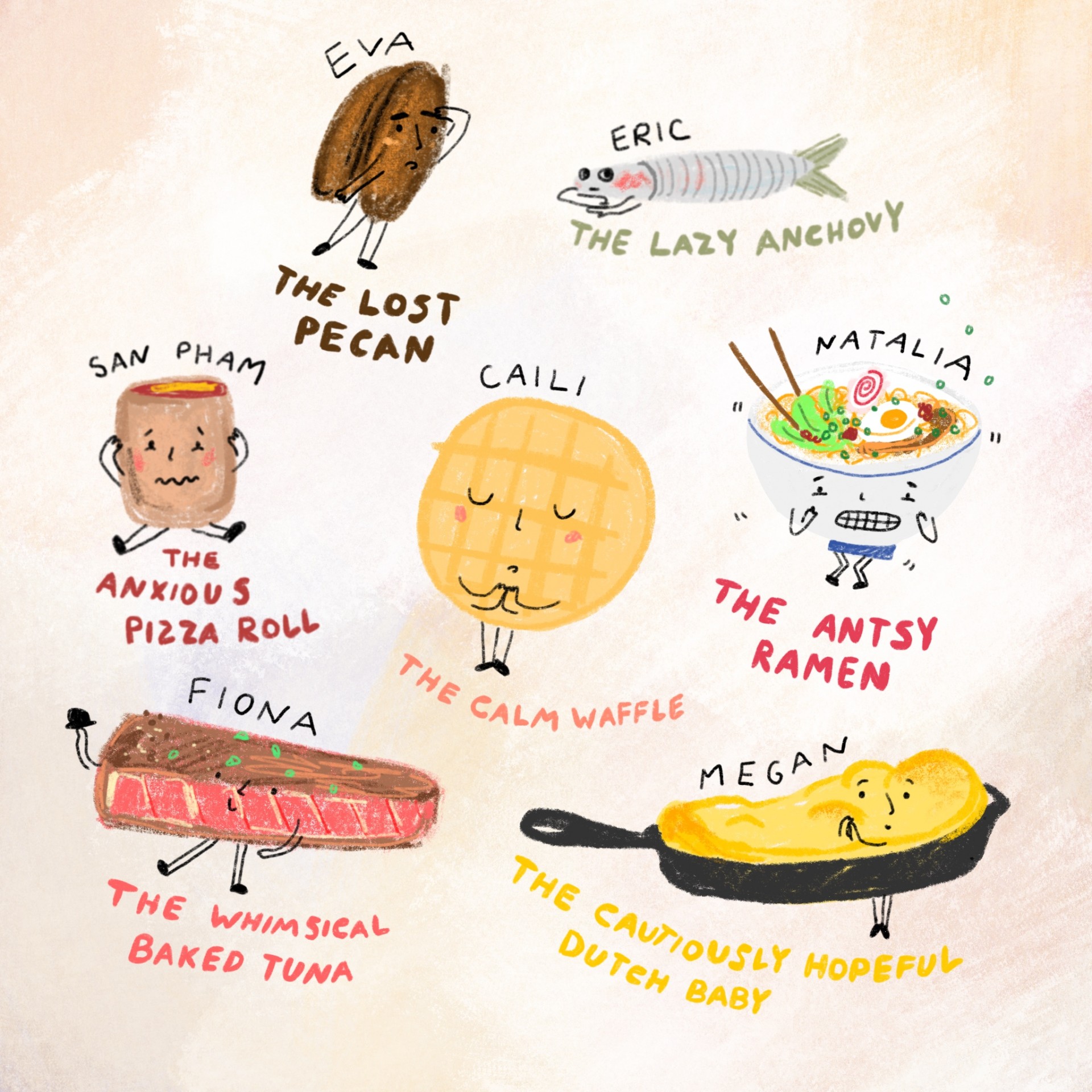 An assortment of drawings of emotional foods. Each drawing has a name and a description written underneath. Tan background and illustrations are drawn in color