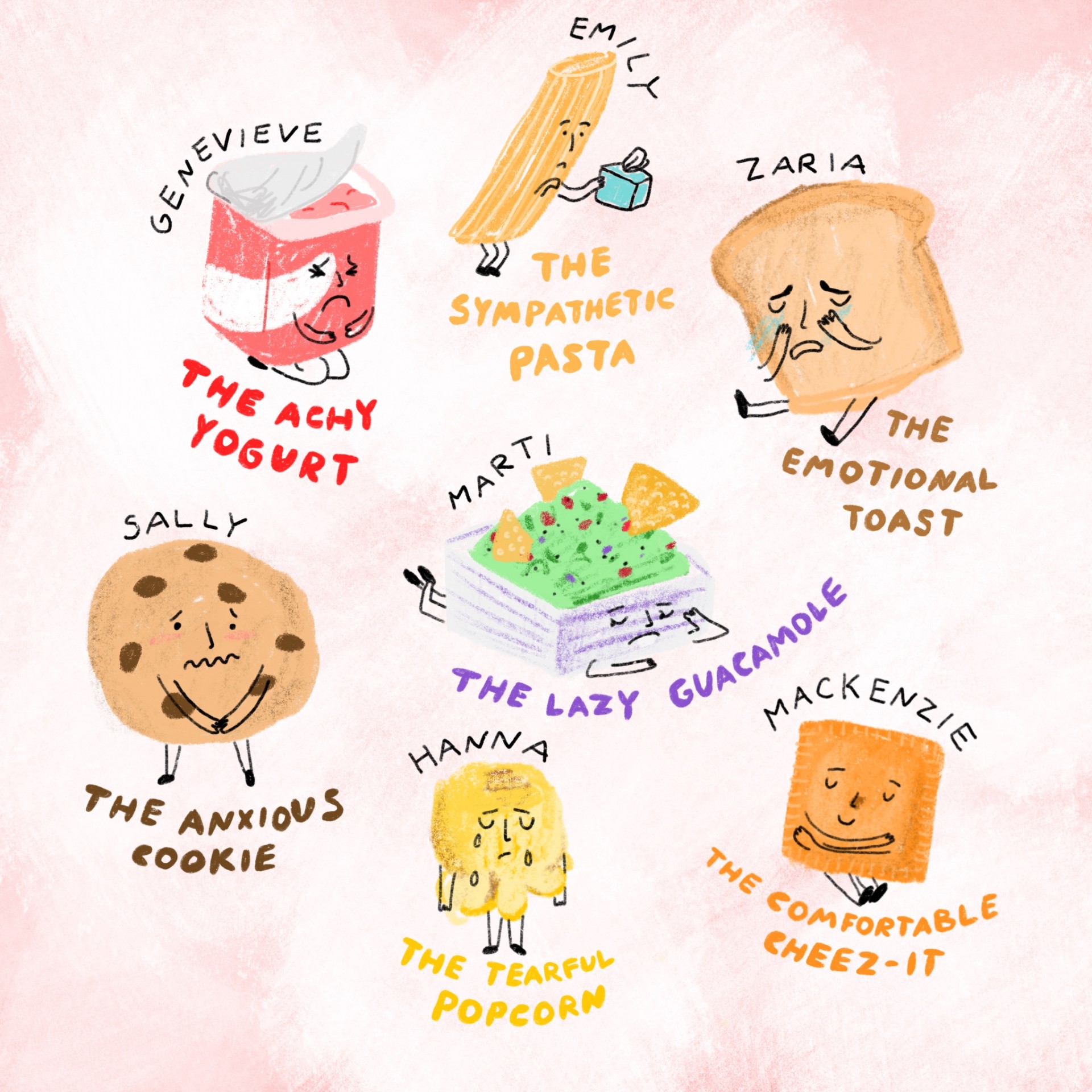 An assortment of drawings of emotional foods. Each drawing has a name and a description written underneath. Magenta background and illustrations are drawn in color. 