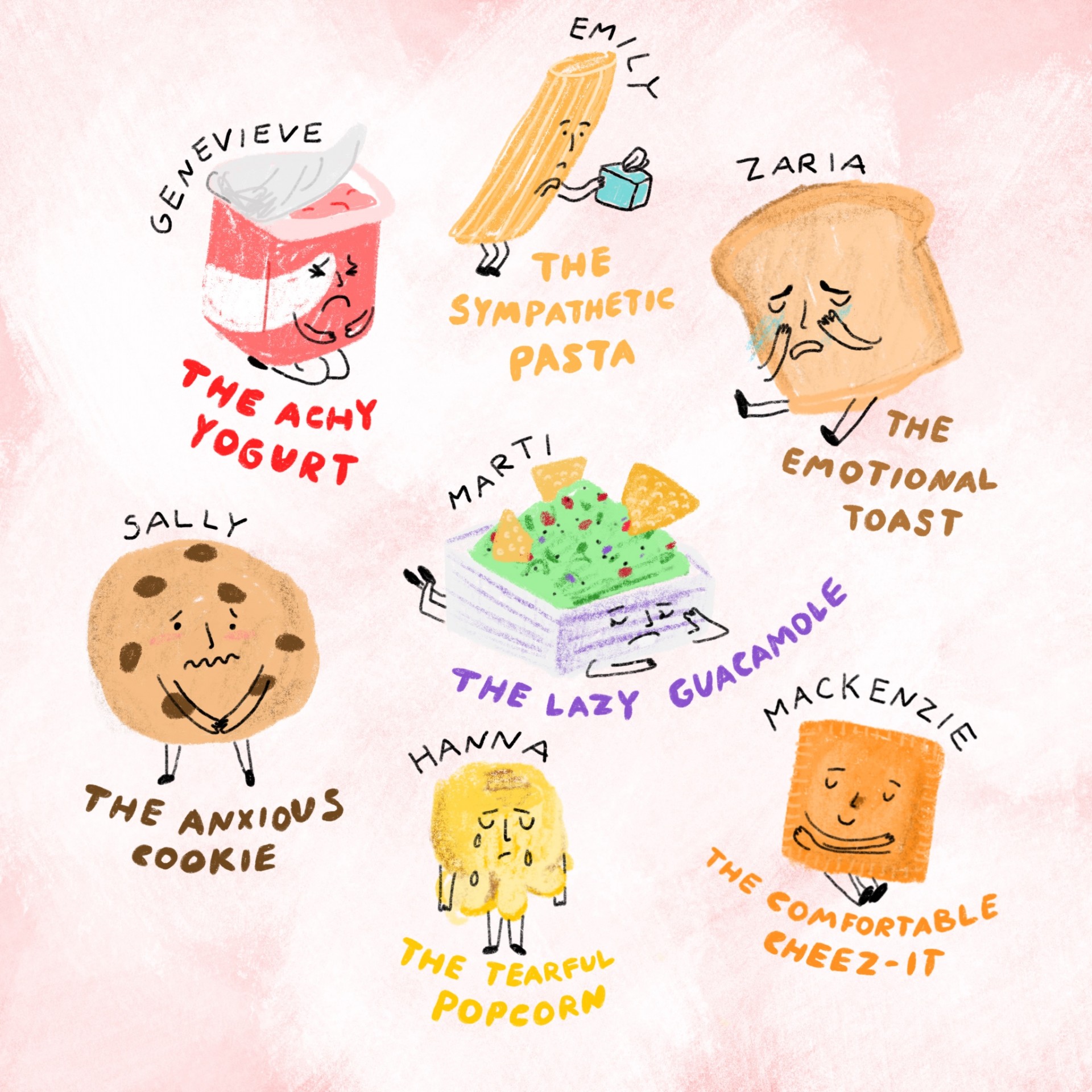 An assortment of drawings of emotional foods. Each drawing has a name and a description written underneath. Magenta background and illustrations are drawn in color.