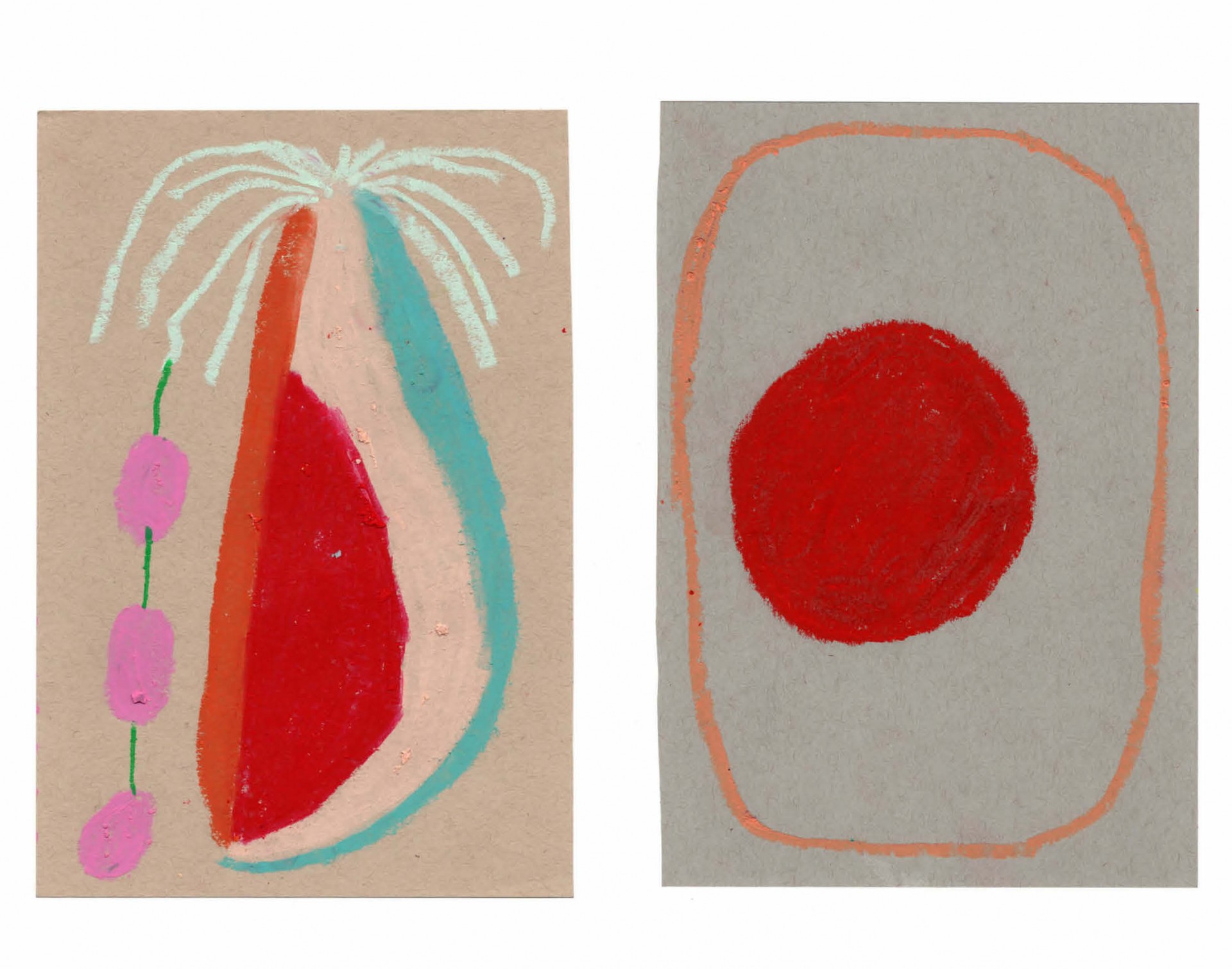 Side by side colorful abstract oil pastel drawings on tan and grey paper. 